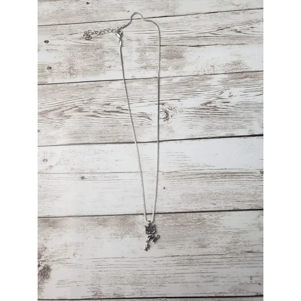 Silver Tone Cat with Fish Pendant Necklace - Whimsical
